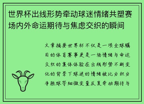 世界杯出线形势牵动球迷情绪共塑赛场内外命运期待与焦虑交织的瞬间