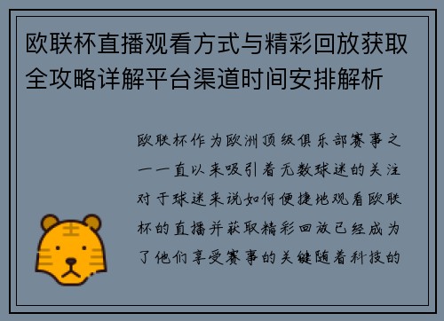 欧联杯直播观看方式与精彩回放获取全攻略详解平台渠道时间安排解析